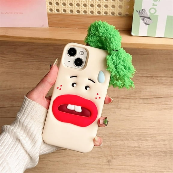 Ugly Phone Case Compatible with iPhone 13/14, Cute 3D Green Hair Big Funny Mouth Expression Phone Cases Full Protection Soft Shockproof Silicone Case