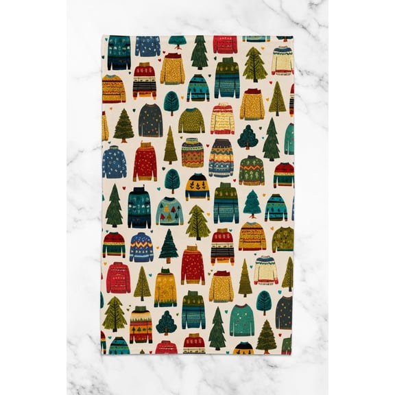 Ugly Sweater Christmas Tree Hand Towel Nordic Folk Art Kitchen and Bathroom Decor Absorbent Tea Towels Hand Drying Baking Cooking Cloth for Kitchen Decor, Christmas Gift