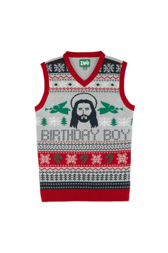 Christmas Sweater Vest - Tacky Holiday Designs to Stand Out - Snug Fit, Breathable Ugly Unisex Vest (Silver Heather Birthday Boy Sweater Vest, XX-Large)