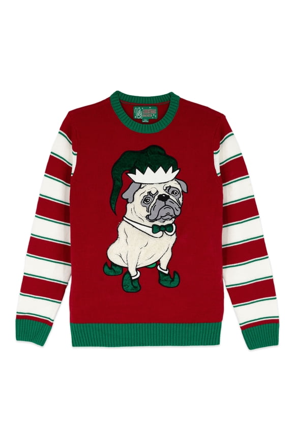 Interactive Ugly Christmas Sweaters for Holiday Fun Tacky Unisex Design, Perfect Snug Fit Breathable (Cayenne - Pug Applique, XX-Large)