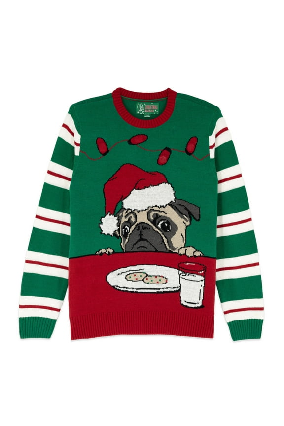 Light Up Ugly Christmas Sweater with LEDs - Snug Fit, Motion Activated Light Up Ugly Sweater Designs. (Emerald - PUG Cookies LED, Large)