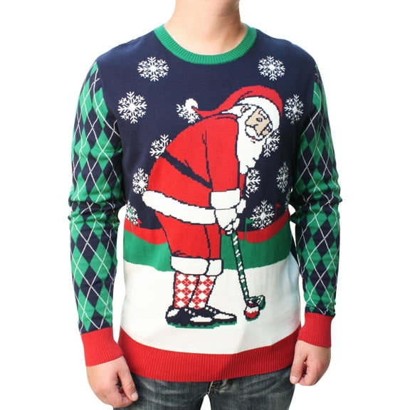 The Ugly Sweater Co. Mens Sports Golf Sports Ugly Christmas Sweater for Holiday Fun Design, Snug Fit Breathable Crewneck (Moonlight Winter Golf Santa, Large)