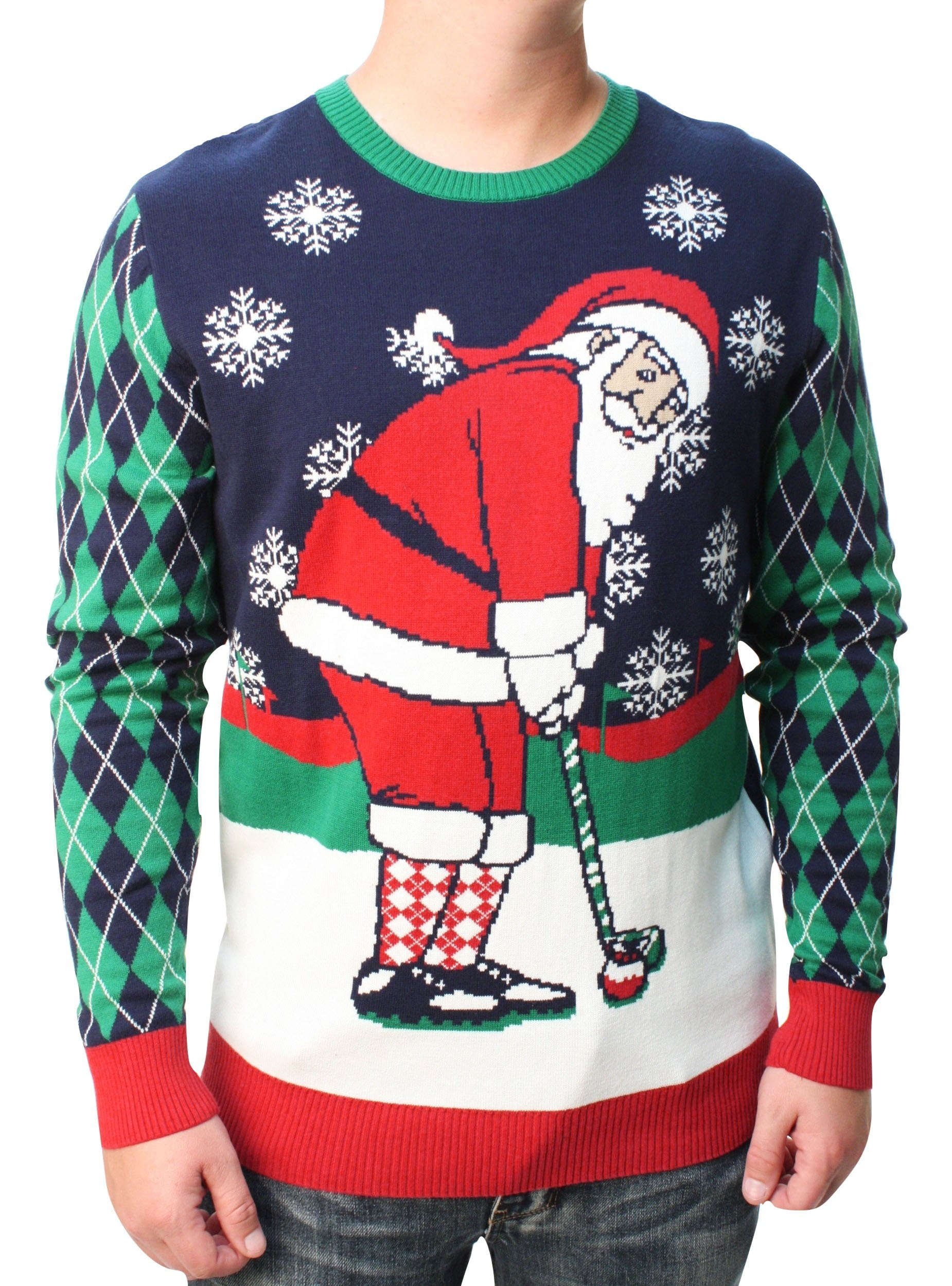 The Ugly Sweater Co. Mens Sports Golf Sports Ugly Christmas Sweater for Holiday Fun Design, Snug Fit Breathable Crewneck (Moonlight Winter Golf Santa, X-Large)