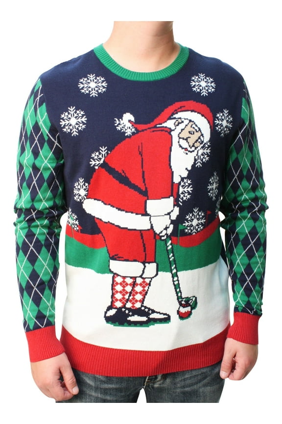 Mens Sports Golf Sports Ugly Christmas Sweater for Holiday Fun Design, Snug Fit Breathable Crewneck (Moonlight Winter Golf Santa, X-Large)