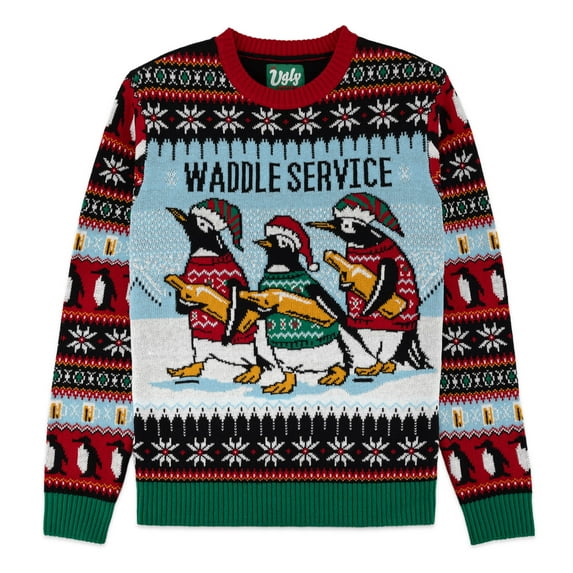 The Ugly Sweater Co. Ugly Christmas Sweater for Holiday Fun Tacky Unisex Design, Perfect Snug Fit Breathable Crewneck (Black - Waddle Service, XX-Large)
