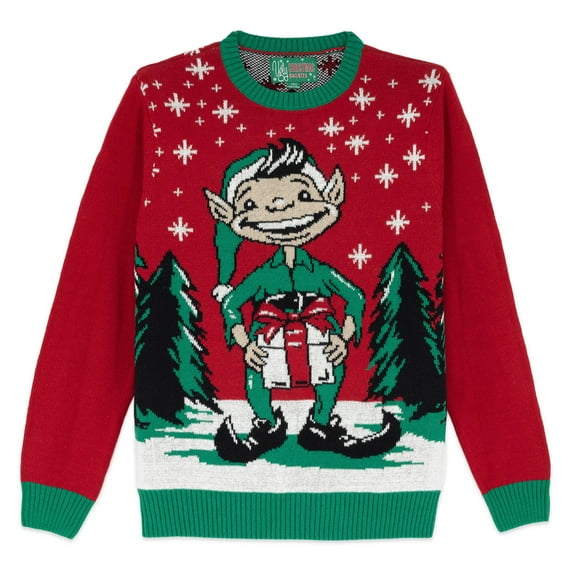 The Ugly Sweater Co. Ugly Christmas Sweater for Holiday Fun Tacky Unisex Design, Perfect Snug Fit Breathable Crewneck (Cayenne - Elf Gift Box, X-Large)