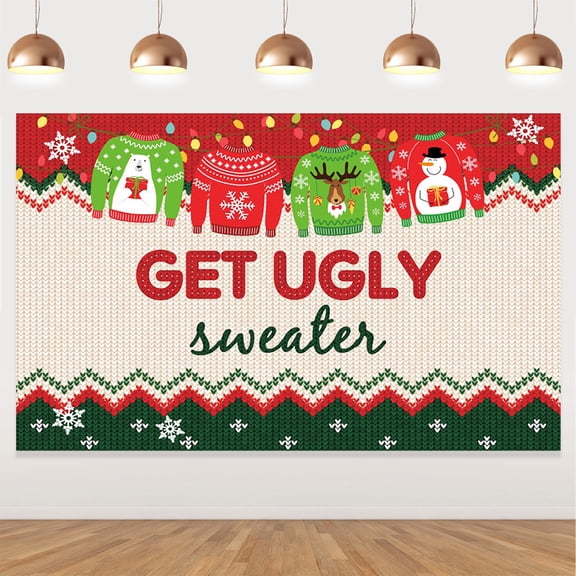 Ugly Sweater Party Supplies Large Fabric Red and Green Ugly Xmas Sweater Party Backdrop for Ugly Sweater Christmas Party Decoration Winter Kids Elfed Photo Booth Background Banner