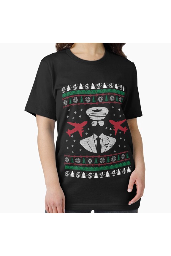 Ugly Sweater Pilot Flight Crew Festive Winter Aviation Style Unisex T-Shirt, up to size 5XL