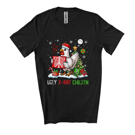 Ugly X-Ray Chicken; Humorous Christmas Tree Santa Chicken Farm Animal Farmer; Family Group Unisex T-Shirt