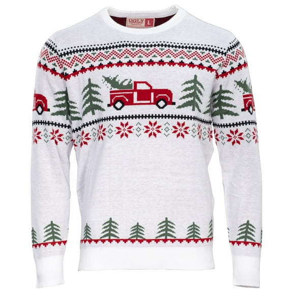 UglyChristmasSweater Arnold Truck and Trees Adult Holiday Knitted (US, Alpha, Large, Regular, Regular) White