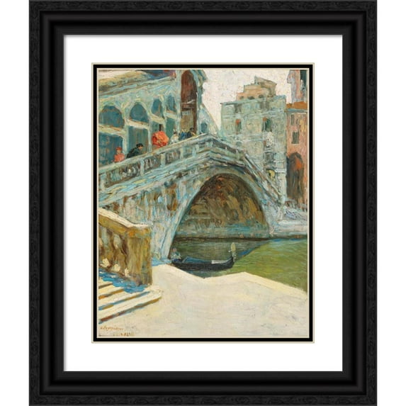Ugo Flumiani 15x18 Black Ornate Wood Framed Double Matted Museum Art Print Titled - Rialto Bridge