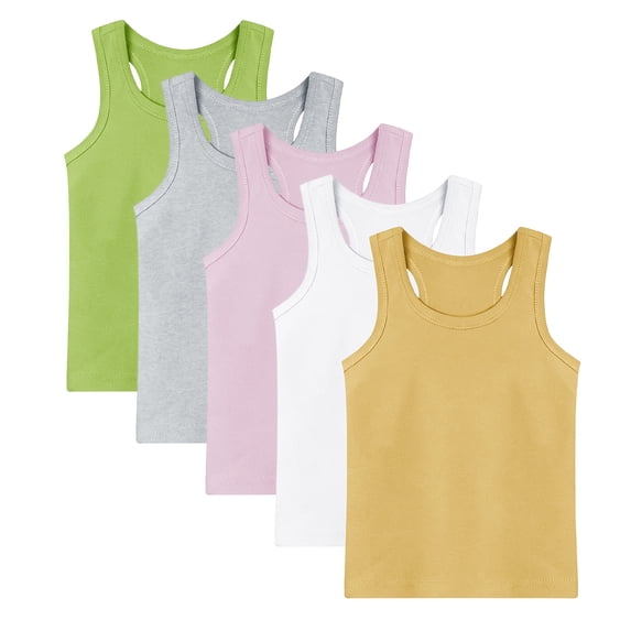 Ugoldhm 5PC Kids' Racerback Tank Tops, Crew Neck Sleeveless Tops, Cotton Regular Fit T-Shirts with Overlocked Seams