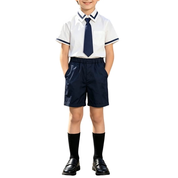 Ugoldhm 5PC School Uniform Set for Boys: White Short-Sleeve Shirt with Contrast Trim Elastic Knee-Length Suit Shorts with Socks Badge Tie