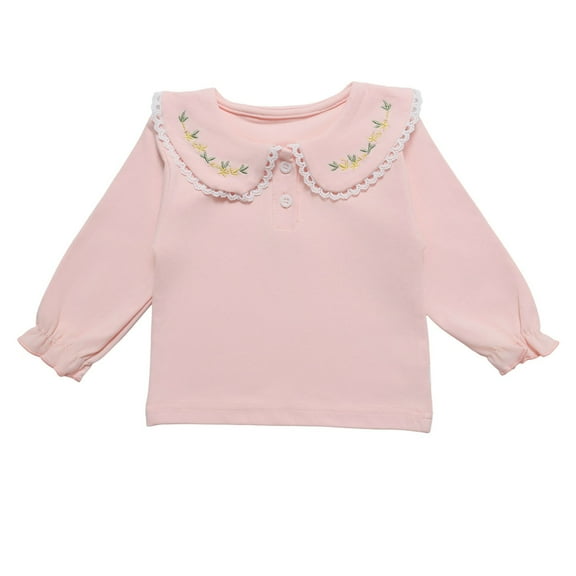 Ugoldhm 6M-3T Toddler Girl Long Sleeve Lapel Top - Solid Color Lace Ruffle Casual Embroidered Blouse