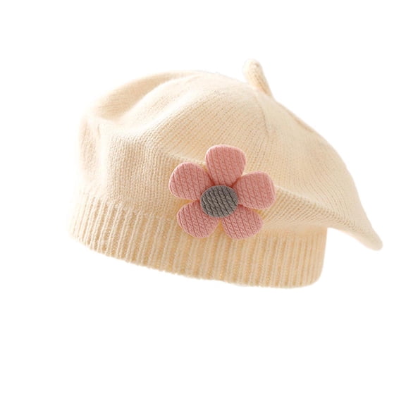 Ugoldhm Baby Girl Winter Knit Beret Hat - Cute Flower Decor French Beanie for 3 Months to 2 Years