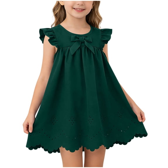 Ugoldhm Baby Girls Ruffle Sleeve Bow Front Eyelet A-Line Dress - Scalloped Hem 6M-3 Years Old Summer Dress