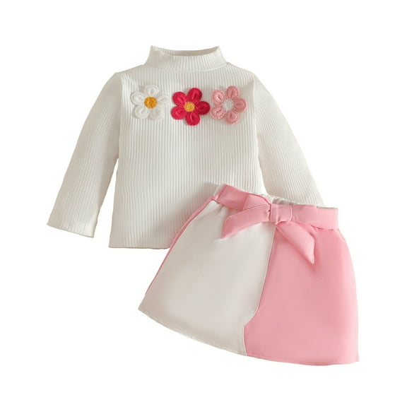 Ugoldhm Baby Girls Shirt and Skirt Set 3D Flower Top Bow Mini Dress Toddlers Cute Outfit Set