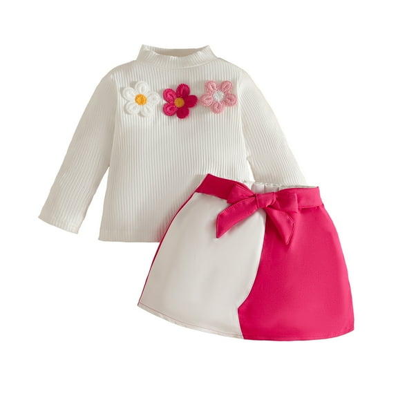 Ugoldhm Baby Girls Shirt and Skirt Set 3D Flower Top Bow Mini Dress Toddlers Cute Outfit Set