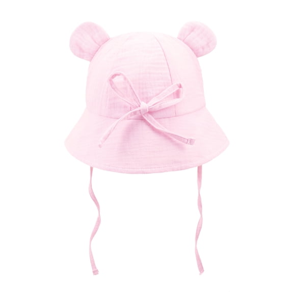 Ugoldhm Baby Toddler Bear Ear Sun Hat, Cotton Breathable Wide Brim Bucket Hat with Chin Strap, UV Protection Cute Summer Cap