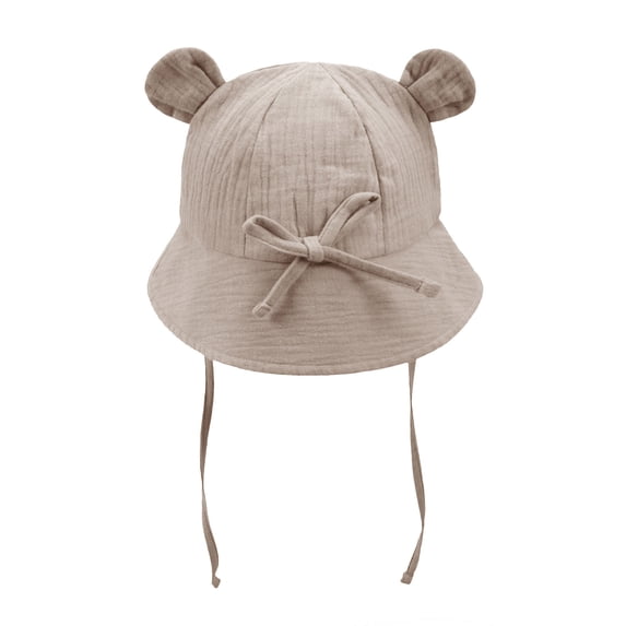 Ugoldhm Baby Toddler Bear Ear Sun Hat, Cotton Breathable Wide Brim Bucket Hat with Chin Strap, UV Protection Cute Summer Cap
