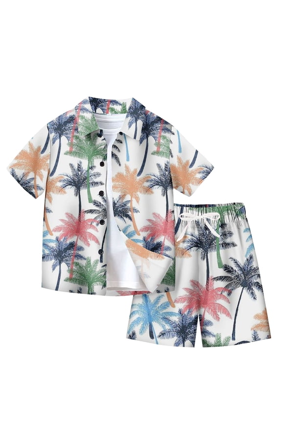 Boys 2-Piece Hawaiian Set, Palm Tree Print Button Down Shirt & Drawstring Shorts, 7-14 Years Old Vacation Outfits