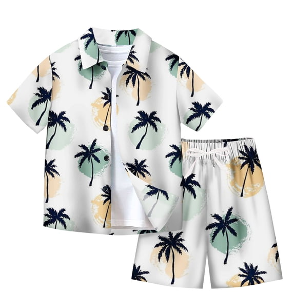 Ugoldhm Boys 2-Piece Hawaiian Set, Palm Tree Print Button Down Shirt & Drawstring Shorts, 7-14 Years Old Vacation Outfits