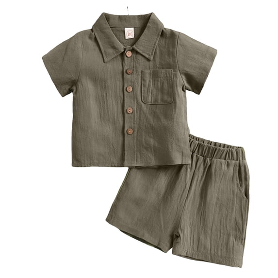 Ugoldhm Boys 2-Piece Outfit Set, Button Down Shirt & Elastic Waist Shorts, Lightweight Sizes 1 to 12 Years Old