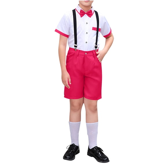 Ugoldhm Boys 4-Piece Formal Matching Set Including Dress Shirt, Bow Tie, Suspenders and Shorts, for 3-18 Years Old