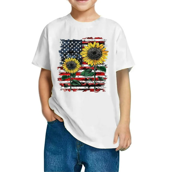 Ugoldhm Boys 4th of July Cotton Tees Star Spangled Summer Shirts Size 3-10 Relaxed Fit Crew Neck Patriotic Tops