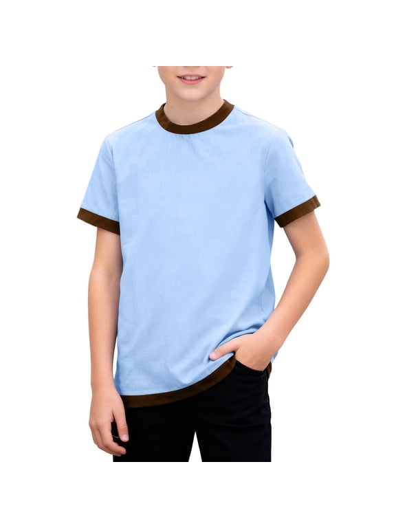Boys' Contrast Trim Short Sleeve T-Shirt Vintage Ringer Crew Neck Casual Tee 3-12 Years Old Clothes