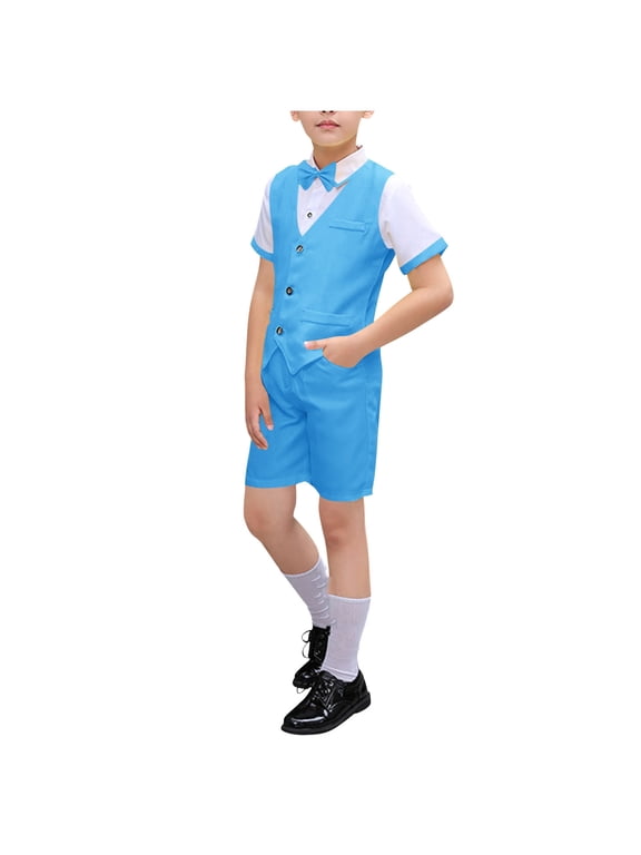 Boys Formal Matching Suit Set Including Short Sleeve Shirt, Vest, Shorts and Bow Tie, Sizes 3 to 18 Years Old