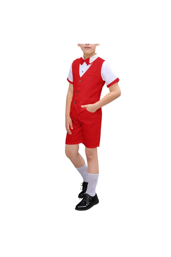 Boys Formal Matching Suit Set Including Short Sleeve Shirt, Vest, Shorts and Bow Tie, Sizes 3 to 18 Years Old