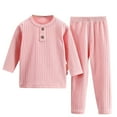 thumbnail image 1 of Ugoldhm Boys Girls Fall Outfits Button Decor Tops Elastic Pants Plain Ribbed Knit Thermal Clothes, 1 of 3
