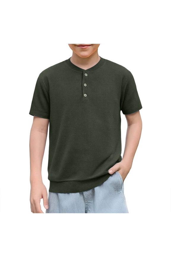 Boys' Henley Short Sleeve T-Shirt Casual Textured Button Neck Tee Solid Color Sizes 4-14 Years