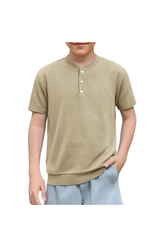 Boys' Henley Short Sleeve T-Shirt Casual Textured Button Neck Tee Solid Color Sizes 4-14 Years