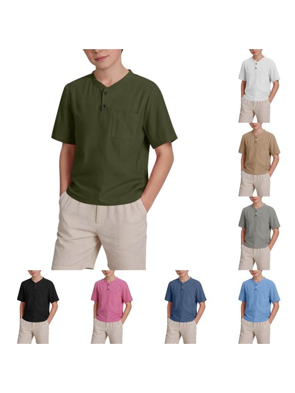 Boys' Henley Short Sleeve T-Shirt Lightweight Solid Color with Chest Pocket Casual Tee