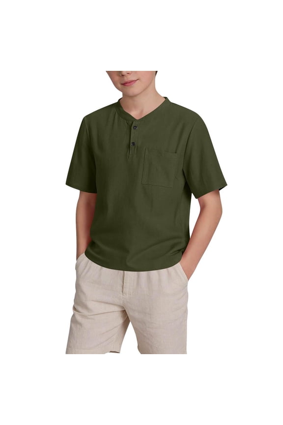Boys' Henley Short Sleeve T-Shirt Lightweight Solid Color with Chest Pocket Casual Tee