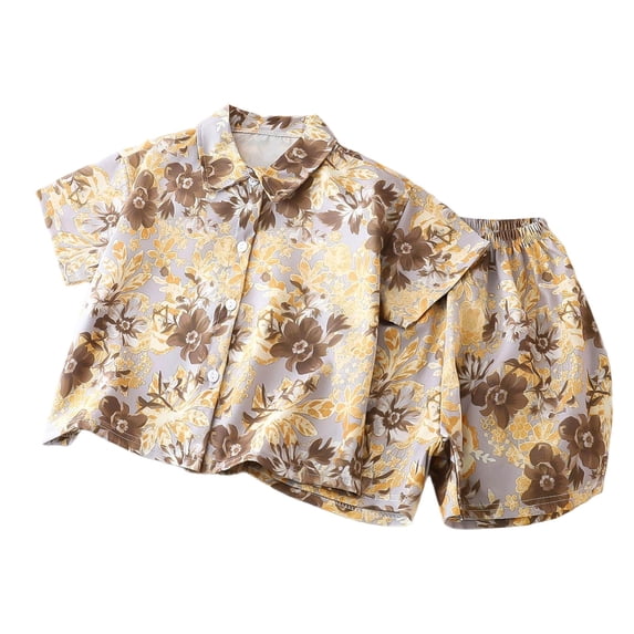 Ugoldhm Boys' Retro Floral Print 2-Piece Set – Button Down Shirt and Elastic Waist Shorts 2-12 Years