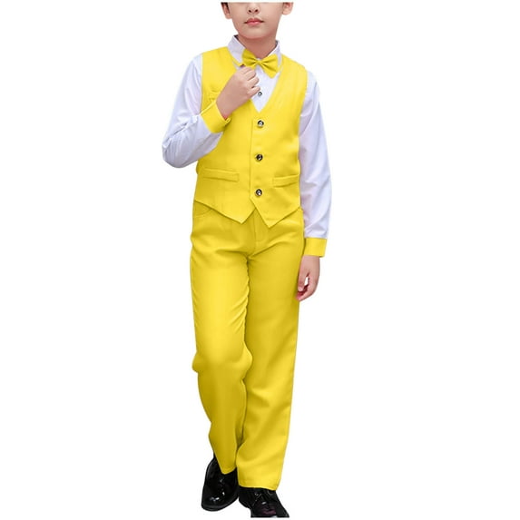 Ugoldhm Boys Suit Set Button Down Vest, Long Sleeve Shirt, Bow, Pant 4 Piece Set Sizes 3-18