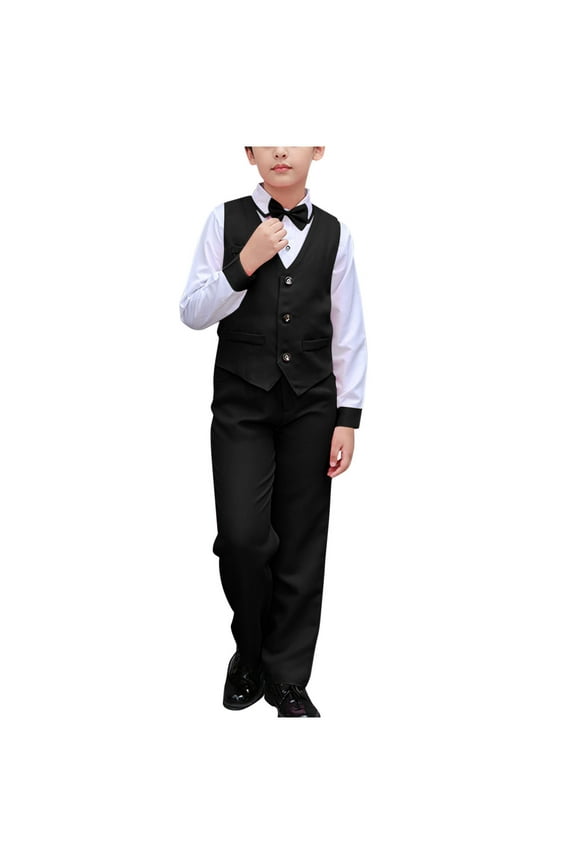 Boys Suit Set Button Down Vest, Long Sleeve Shirt, Bow, Pant 4 Piece Set Sizes 3-18