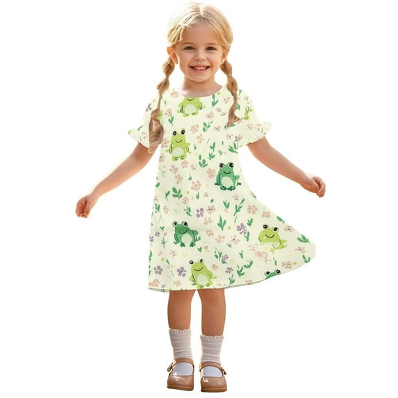 Ugoldhm Casual Girls Graphic Print Summer Dress - Short Sleeve Crew Neck Midi Dresses, Size 3-12