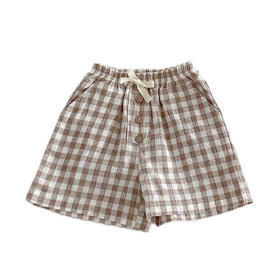 Ugoldhm Children's Plaid Shorts Casual Elastic Waist Drawstring Cotton Shorts with Pockets and Button Accents