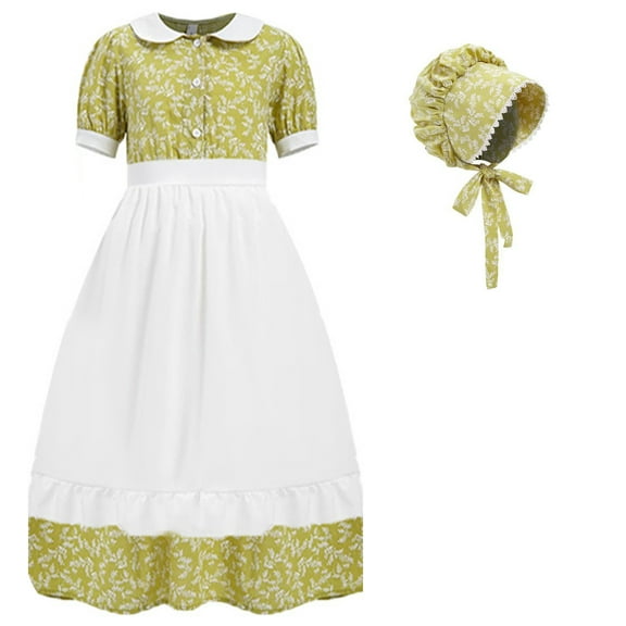Ugoldhm Colonial Prairie Girls Dress with Hat - Summer Short Sleeve Midi Dresses, Size 4-12