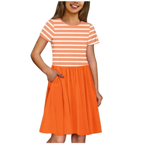 Ugoldhm Cute Girls Striped Short Sleeve Crew Neck Summer Midi Dress with Pockets - Size 3-14