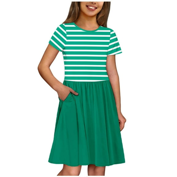 Ugoldhm Cute Girls Striped Short Sleeve Crew Neck Summer Midi Dress with Pockets - Size 3-14