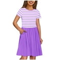 thumbnail image 1 of Ugoldhm Cute Girls Striped Short Sleeve Crew Neck Summer Midi Dress with Pockets - Size 3-14, 1 of 5