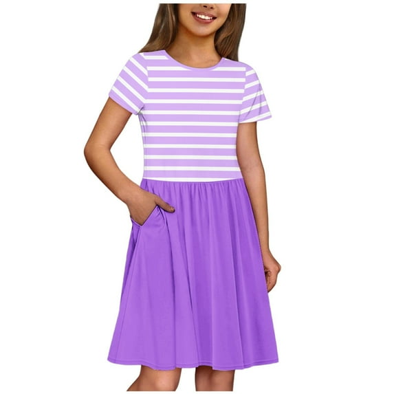 Ugoldhm Cute Girls Striped Short Sleeve Crew Neck Summer Midi Dress with Pockets - Size 3-14