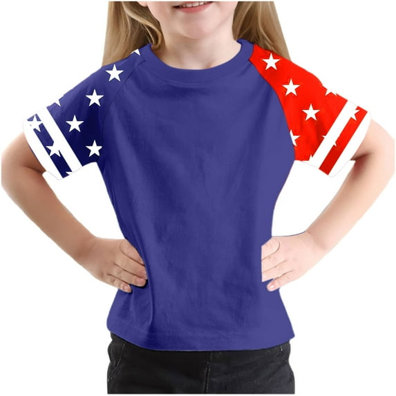 Ugoldhm Fourth of July Boys Short Sleeve T-Shirts Summer Fashion Tees Color Block Crew Neck Tops Kids Clothes Size 3-14