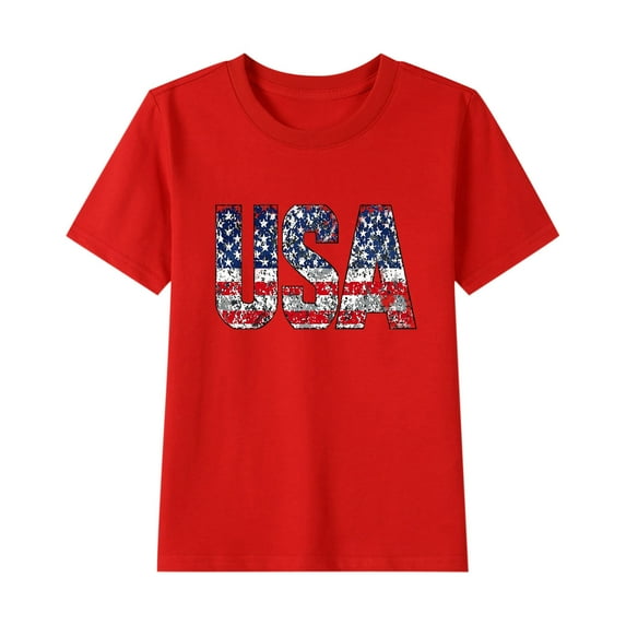 Ugoldhm Fourth of July Girls T-Shirts Short Sleeve Crewneck Casual Loose Cute Tee Tops Summer Girls Clothing 2-15 Years
