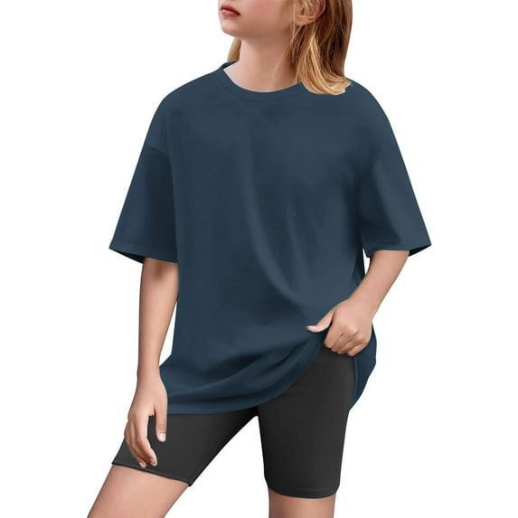 Ugoldhm Girl Outfits Crew Neck Fashion Solid Color Short Sleeve Summer Short Sleeve Top Yoga Shorts Suit 5-15Years